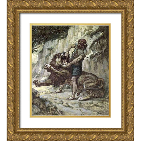 Samson Kills a Young Lion Gold Ornate Wood Framed Art Print with Double Matting by Tissot, James