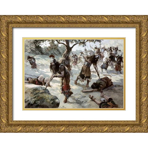 Saul Falls Upon His Sword Gold Ornate Wood Framed Art Print with Double Matting by Tissot, James Jacques