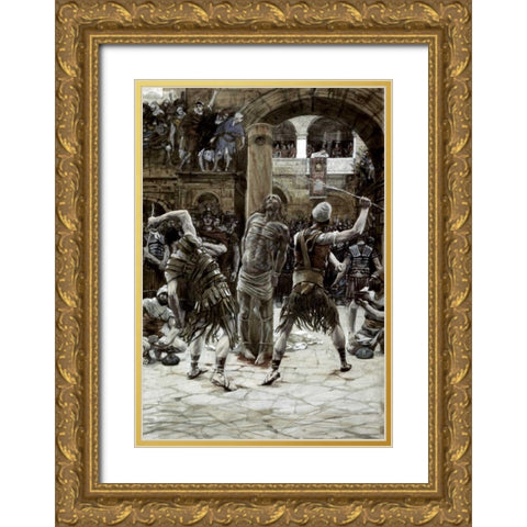 Scourging of The Face Gold Ornate Wood Framed Art Print with Double Matting by Tissot, James Jacques