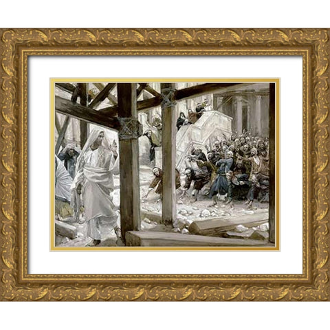 They Cast Stones at Him Gold Ornate Wood Framed Art Print with Double Matting by Tissot, James