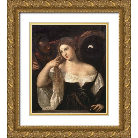 Portrait of a Woman at Her Toilette Gold Ornate Wood Framed Art Print with Double Matting by Titian