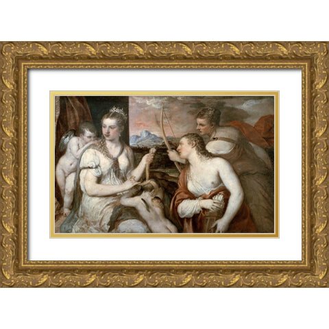 Venus Blindfolding Cupid Gold Ornate Wood Framed Art Print with Double Matting by Titian