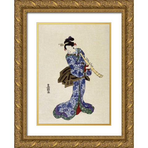 Shakuhachi Gold Ornate Wood Framed Art Print with Double Matting by Toyokuni, Utagawa