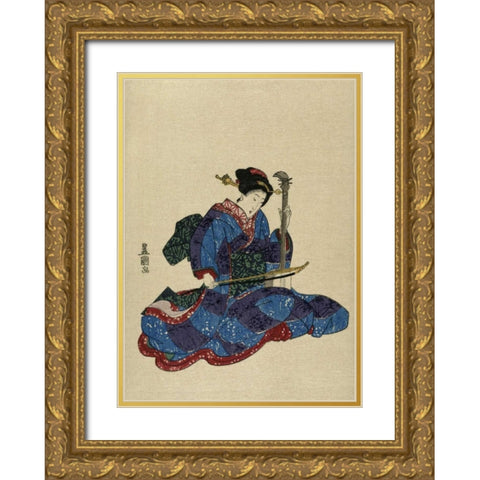 Shamisen I Gold Ornate Wood Framed Art Print with Double Matting by Toyokuni, Utagawa