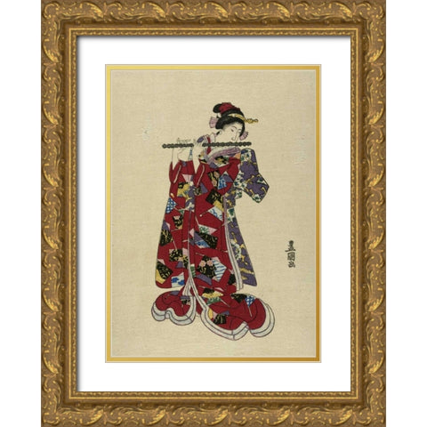 Yokobue - Seven Hole Chinese Flute Gold Ornate Wood Framed Art Print with Double Matting by Toyokuni, Utagawa