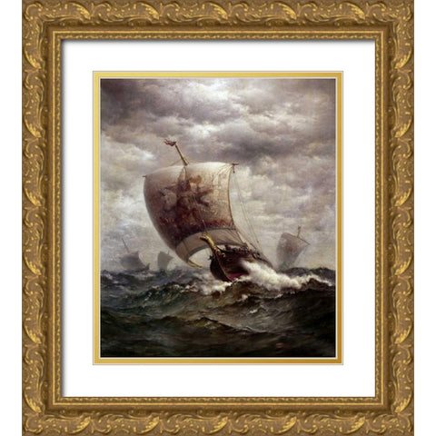 Viking Ships at Sea Gold Ornate Wood Framed Art Print with Double Matting by Tyler, James Gale