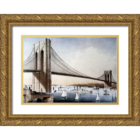 Brooklyn Bridge, New York City Gold Ornate Wood Framed Art Print with Double Matting by Unknown