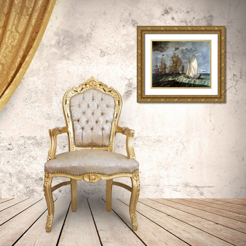 Tall Ships, Full Sail Gold Ornate Wood Framed Art Print with Double Matting by Unknown