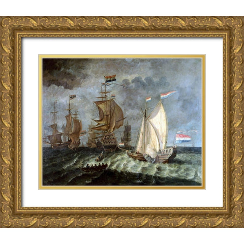 Tall Ships, Full Sail Gold Ornate Wood Framed Art Print with Double Matting by Unknown