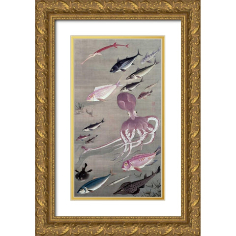 Under Water Life Gold Ornate Wood Framed Art Print with Double Matting by Unknown