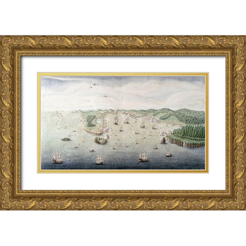 Veue Du Port De Louis - Bourg Dans LIsle Royale Gold Ornate Wood Framed Art Print with Double Matting by Unknown