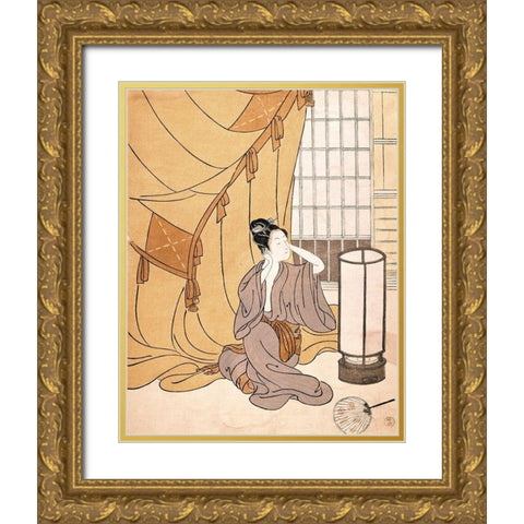Woman Primping Gold Ornate Wood Framed Art Print with Double Matting by Unknown
