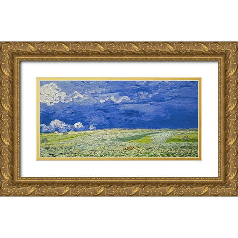 Field under a Stormy Sky Gold Ornate Wood Framed Art Print with Double Matting by Van Gogh, Vincent
