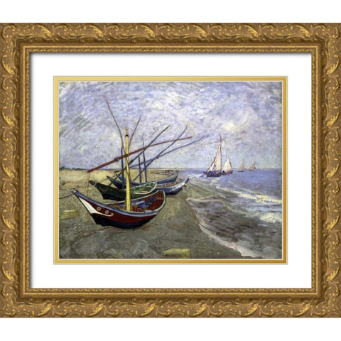 Fishing Boats On The Beachat Saintes-Maries Gold Ornate Wood Framed Art Print with Double Matting by Van Gogh, Vincent