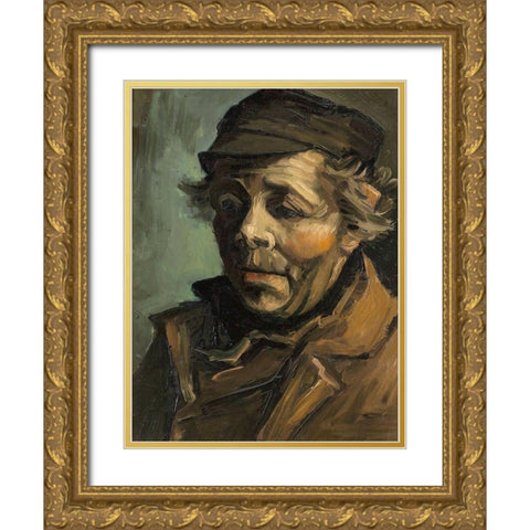 Head of a Peasant with Cap Gold Ornate Wood Framed Art Print with Double Matting by Van Gogh, Vincent