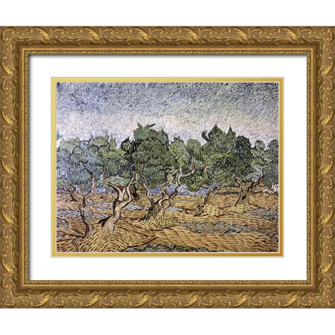 Olive Orchard, Violet Soil Gold Ornate Wood Framed Art Print with Double Matting by Van Gogh, Vincent