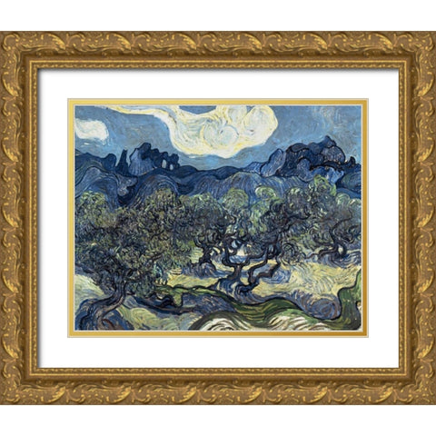 Olive Trees With The Alpilles In The Background,Saint-Remy Gold Ornate Wood Framed Art Print with Double Matting by Van Gogh, Vincent