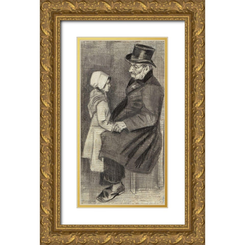 Orphan Man, Sitting with Little Girl Gold Ornate Wood Framed Art Print with Double Matting by Van Gogh, Vincent
