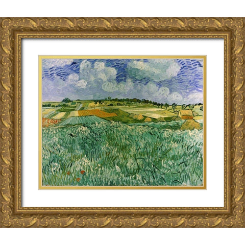 Plain Near Auvers Gold Ornate Wood Framed Art Print with Double Matting by Van Gogh, Vincent
