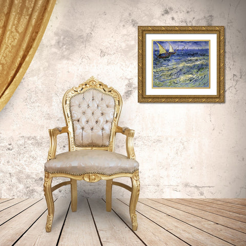 Seascape at Saintes-Maries-De-La-Mer Gold Ornate Wood Framed Art Print with Double Matting by Van Gogh, Vincent