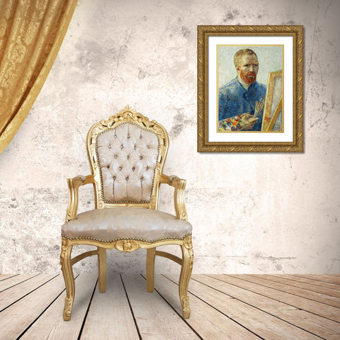 Self Portrait in Front of Easel Gold Ornate Wood Framed Art Print with Double Matting by Van Gogh, Vincent