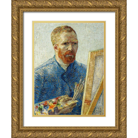 Self Portrait in Front of Easel Gold Ornate Wood Framed Art Print with Double Matting by Van Gogh, Vincent