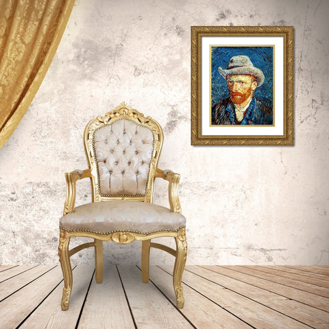 Self Portrait in Grey Felt Hat Gold Ornate Wood Framed Art Print with Double Matting by Van Gogh, Vincent
