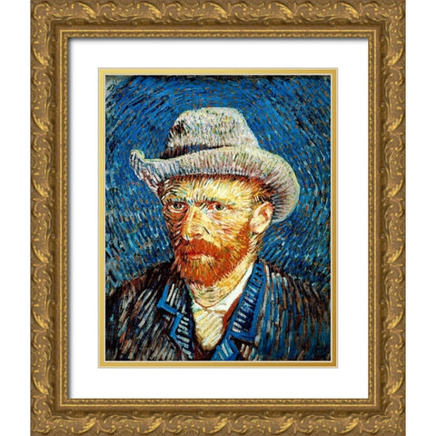 Self Portrait in Grey Felt Hat Gold Ornate Wood Framed Art Print with Double Matting by Van Gogh, Vincent