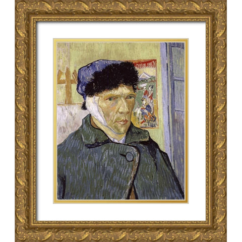 Self Portrait With Bandaged Ear Gold Ornate Wood Framed Art Print with Double Matting by Van Gogh, Vincent