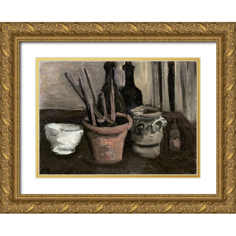Still Life with Paintbrushes in a Pot Gold Ornate Wood Framed Art Print with Double Matting by Van Gogh, Vincent
