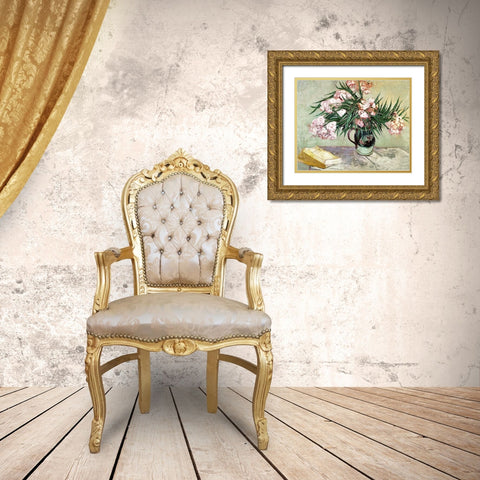Still Life: Vase with Oleanders and Books Gold Ornate Wood Framed Art Print with Double Matting by Van Gogh, Vincent