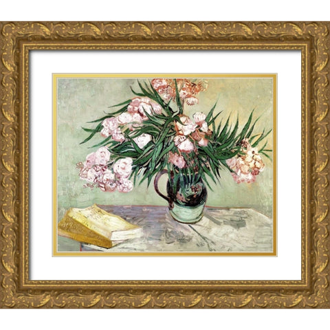 Still Life: Vase with Oleanders and Books Gold Ornate Wood Framed Art Print with Double Matting by Van Gogh, Vincent