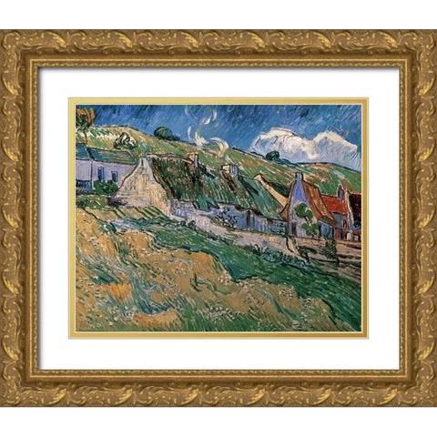 Thatched Cottages Gold Ornate Wood Framed Art Print with Double Matting by Van Gogh, Vincent