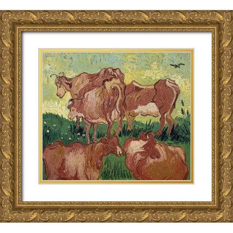 The Cows Gold Ornate Wood Framed Art Print with Double Matting by Van Gogh, Vincent