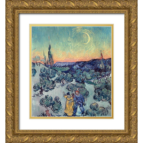 The Stroll, Evening Gold Ornate Wood Framed Art Print with Double Matting by Van Gogh, Vincent