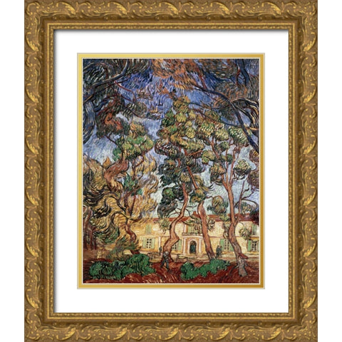 Trees in the Garden of Saint-Paul Hospital Gold Ornate Wood Framed Art Print with Double Matting by Van Gogh, Vincent
