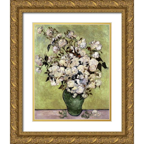 Vase of Roses Gold Ornate Wood Framed Art Print with Double Matting by Van Gogh, Vincent