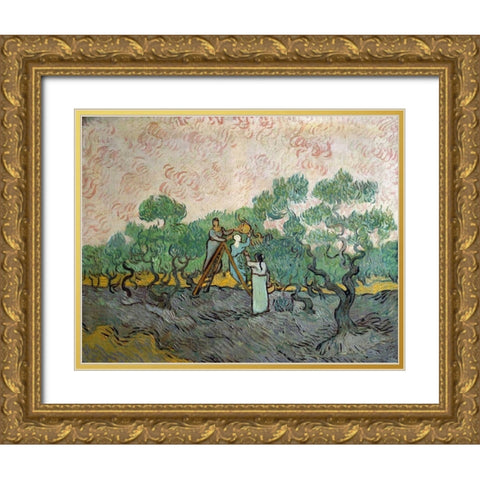 Women Picking Olives Gold Ornate Wood Framed Art Print with Double Matting by Van Gogh, Vincent