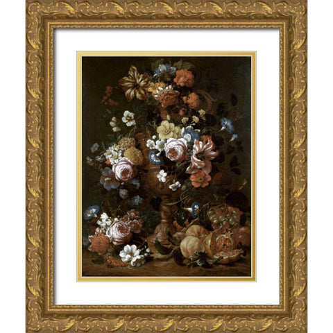 Roses, Carnations and Other Flower In An Urn Gold Ornate Wood Framed Art Print with Double Matting by Van Veerendael, Nicolas