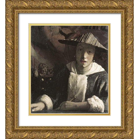 Girl with a Flute Gold Ornate Wood Framed Art Print with Double Matting by Vermeer, Johannes