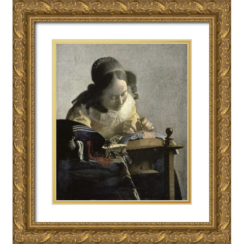 The Lacemaker Gold Ornate Wood Framed Art Print with Double Matting by Vermeer, Johannes