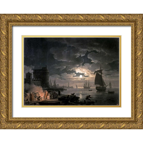 Harbor of Palermo Gold Ornate Wood Framed Art Print with Double Matting by Vernet, Claude-Joseph