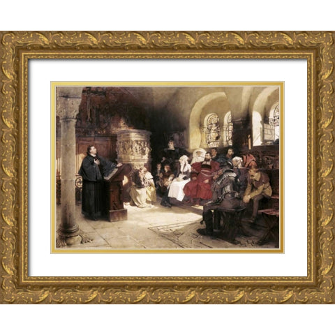 Martin Luther Preaches In Wartburg Gold Ornate Wood Framed Art Print with Double Matting by Vogel, Hugo