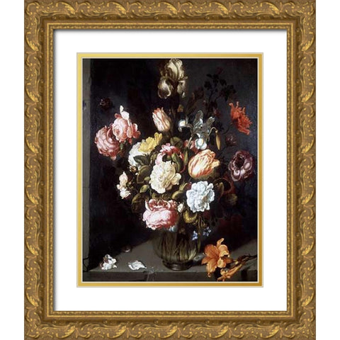 Tulips and Peonies in a Vase Gold Ornate Wood Framed Art Print with Double Matting by Vosmaer, Jacob Woutersz