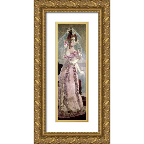 Portrait of a Woman at a Grand Piano Gold Ornate Wood Framed Art Print with Double Matting by Vrubel, Mihail Aleksandrovic