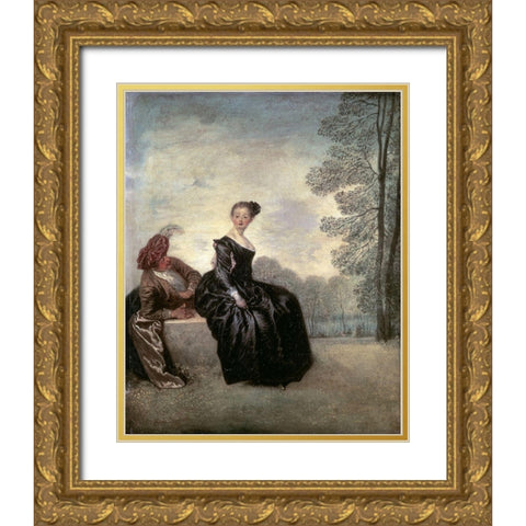 Launisches Madchen Gold Ornate Wood Framed Art Print with Double Matting by Watteau, Jean-Antoine