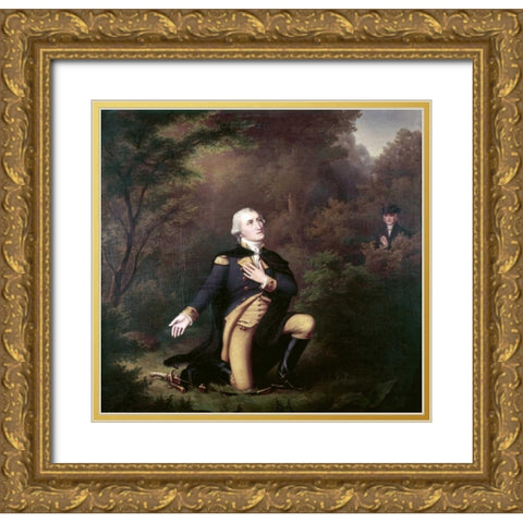 George Washington In Prayer at Valley Forge Gold Ornate Wood Framed Art Print with Double Matting by Weber, Paul