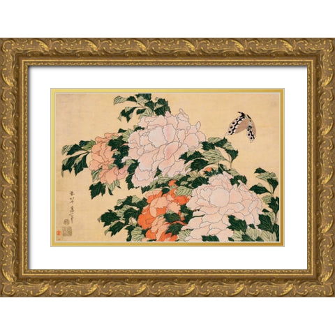 Pink and Red Peonies Gold Ornate Wood Framed Art Print with Double Matting by Hokusai