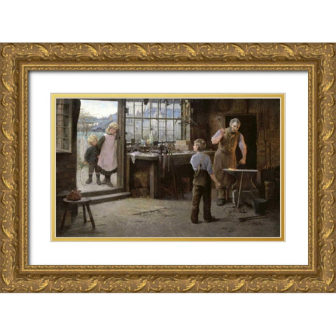 His First Day at Work - Child Apprentice with Blacksmith Gold Ornate Wood Framed Art Print with Double Matting by Bannerman, Hamlet
