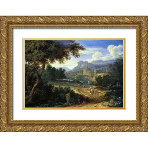 Italian River Landscape with Herdsman and Cattle Gold Ornate Wood Framed Art Print with Double Matting by Boudewyns